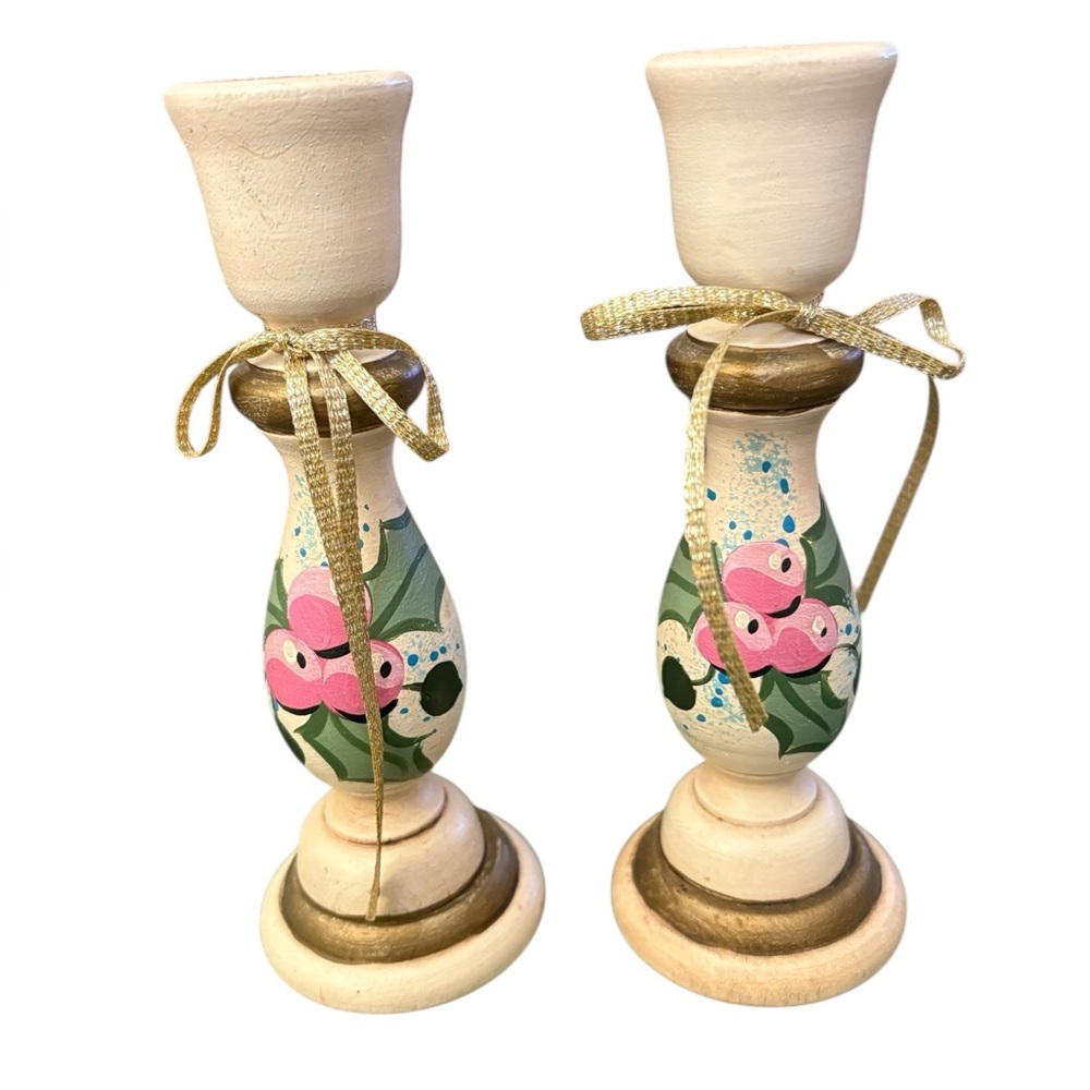 Hand Painted Wooden Holiday Candle Holders-7”- 1Pair